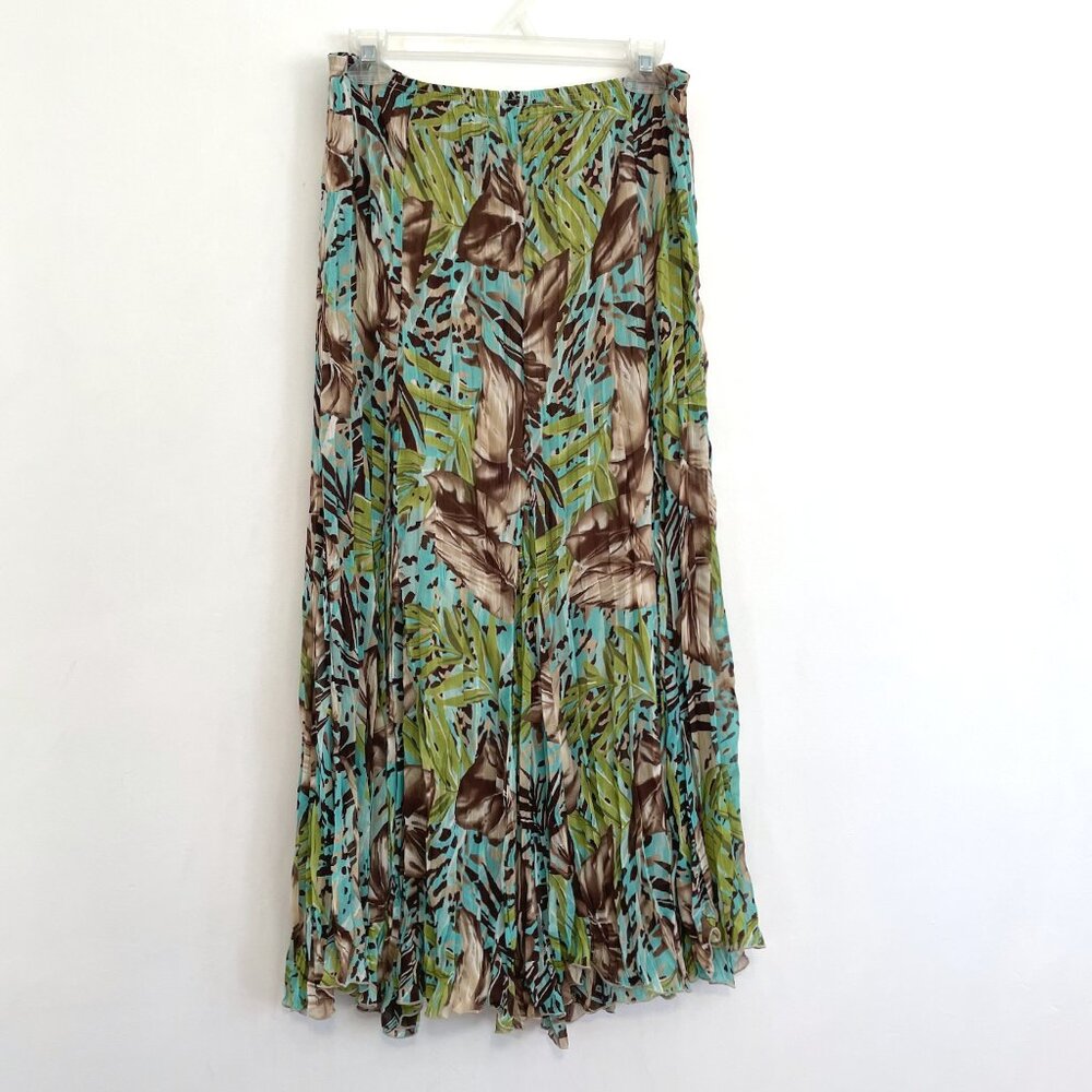 VINTAGE VTG RAFAEL Turquoise Blue Tan Green Tropical Leaf Leaves Midi Skirt L
